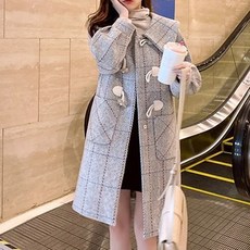 POMTOR 여성 가을 트위드 롱 더플코트 버튼 디테일 코트