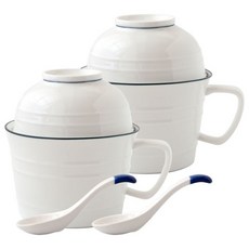 JUST HOME 里尼陶瓷附蓋多用碗2入組, 陶瓷湯匙2入, 適用於微波爐、烤箱、洗碗機, 混色, 附蓋多用碗 2入 + 湯匙 2入, 1組