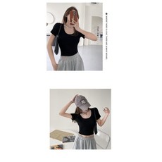 방송댄스복 줌바 에어로빅복 여성 짧은 반팔 라운드 넥 티셔츠 배꼽티 슬림 댄스복, 블랙