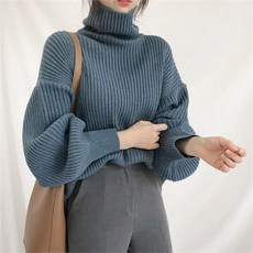 브이너스 플레어 루즈핏 퍼프 소매 골지 터틀 풀오버 니트