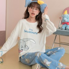 얇은 순면 파자마 여 긴팔 팬츠 캐릭터 큐티 홈웨어 세트