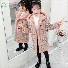 셀럽당 소녀용 체크 털 후드 롱 코트