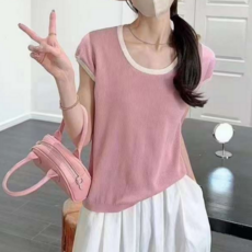 이엔아이 여성 여름 라운드 루즈핏 반팔 배색 니트