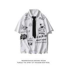 REDWIZ 오공유화 스트리트 그래피티 프린트 폴로 셔츠 스타일링 빈티지 와이드 타이 JK 터틀 티셔츠 남녀