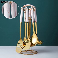  DFMEI 북유럽 스텐 주방도구 풀세트 볶음주걱 수저 주방 가정용 샤브샤브 수저 국자 선반, 핑크 골드 마블링, 식기 6종 세트+선반 