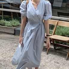 여성 브이넥 크로스 끈 조임 원터치 벌룬 소매 도라지 원피스