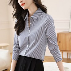 ZIGODAG 여성 블루 화이트 스트라이프 긴팔 셔츠 직장인 통근 패션 KK88714
