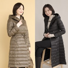 애비뉴투지 엄마옷 깃털처럼 가벼운 오리털 경량 슬림 후드 벨트 여성 가을 겨울 롱 패딩 자켓 J10006
