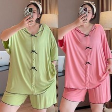 150kg까지 빅사이즈 날씬해보이는 완전 편한 얇은 시원한 잠옷 반팔티 반바지 투피스 여성 여름 루즈핏 스판 오버사이즈 3xl 수면옷 반팔 티셔츠 밴딩 숏팬츠 홈웨어 세트