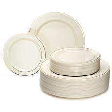 "OCCASIONS " 접시 40개 팩 고중량 일회용 웨딩 파티 플라스틱 (16.25cm(6.25인치) 디저트/빵 접시 아이보리 및 골드 테두리), 식기