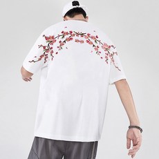 지디오 남성 자수 반팔티 벚꽃 반팔 티셔츠 라운드넥 꽃무늬 자수 남자반팔티