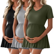 Ficerd 3팩 여성용 임산부 셔츠 반소매 임산부 튜닉 상의 사이드 주름 장식 기본 티셔츠 캐주얼 임산부 의류 블랙 아미 그린 라이트 믹스 그레이