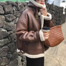 ANYOU 여성 겨울 양면 가죽 재킷 무스탕 캐주얼 스웨이드 페이크 퍼 숏 칼라넥 무스탕 자켓
