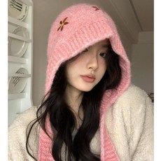 빈티지플라워 바라클라바 니트 비니 여성 겨울 도톰하고 따뜻한 얼굴 귀달이 모자