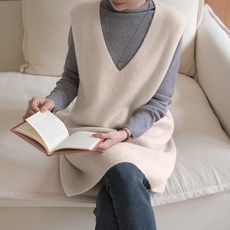 데일리앤 모넬 겨울 여성 루즈핏 브이넥 롱 니트 조끼 베스트