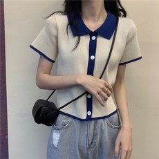 여성가디건 대조 색상 홍콩 대학 스타일 단추 팔 니트 가디건 재킷 여성 여름 2021 학생 캐주얼 폴로 셔츠