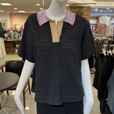 SOGO 트리아나 배색 카라넥 비스코스 반팔 블라우스 AH2BA09 BK