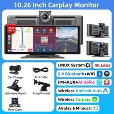 블랙박스 대시캠 Jansite 4K DVR 무선 카플레이 및 안드로이드 자동 캠 GPS 네비게이션 24 시간 주차 모니터 야간 백미러 10.26 인치, TC80-4K Dual Cam, With 32G TF Card