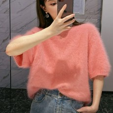 핑크비올라 크림 소프트 앙고라 라운드 반팔 니트 티셔츠