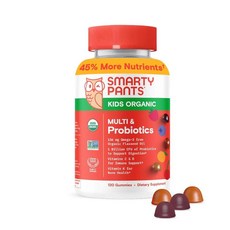 SmartyPants Organic Kids 멀티비타민 젤리: 오메가 3 (ALA) 비타민 D3 C 비타민 B12 B6 A K 및 아연 면역 지원 비오틴 채식주, Organic + Probiotics, 30 Servings, 1개