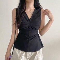예쁨시전 백트임 모던 브이넥 밴딩 셔링 민소매 블라우스
