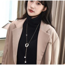 YUEMEIYD 여성 타원 진주 지르콘 긴 목걸이 스웨터사슬 쇄골 사슬 - 이미지 3