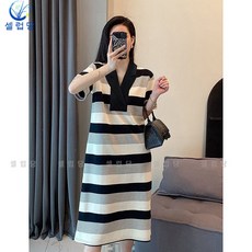 셀럽당 브이넥 배색 롱스커트 루즈핏 스트라이프 풀오버 반팔 원피스