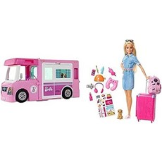 Barbie GHL93 u2013 3-in-1 슈퍼 어드벤처 캠핑카 약. 91 cm 수영장이 있는 인형용 컨버터블 캠핑카 픽, 03 금발 머리를 가진 여행 인형 번들