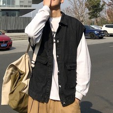 인테리어쫘니 검정 남자 봄 가을 데님 조끼 가디건 자켓 점퍼 잠바 베슈투왓