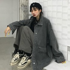 생활도움 데님 코트 여 봄 2020 루즈핏 bf 커플 캐주얼 빅포켓 빈티지 톱 인스테인드