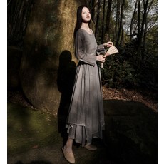 긴팔원피스 긴소매드레스 언발 더블레이어 스윙 식물 염색 분색 롱 와이드 루즈핏 타바스그레이 벨트 있음