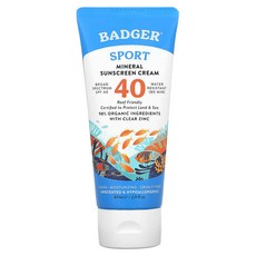 Badger Company 스포츠 미네랄 자외선 차단 크림 SPF 40 무향 87ml(2.9fl oz)(1), 2.9 액상 온스, 87ml