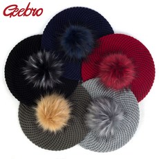 Geebro 여성 더블 레이어 berets 모자 겨울 캐주얼 니트 양모 berets 가짜 모피 pompon 숙녀 솔리드 컬러 베레모 모자|베레모|