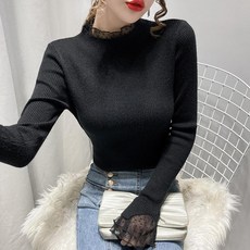 패치워크 레이스 이너 스웨터 여성 반폴라 겨울 가을 페이크 상의