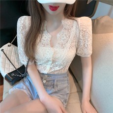 클래식 퍼프 반팔 레이스티셔츠 여성 여름 펀칭
