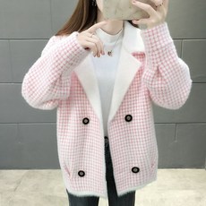 여성 체크 카라넥 가디건 밍크 양털 스웨터 자켓