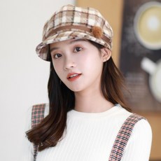 온달 겨울패션모자 여성 가을 계절 학생 베레모자 스타일리쉬 체크무늬 팔각모 양털 어텀