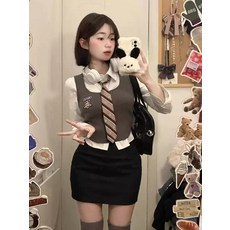 미국 유니폼 대학 스타일 정장 봄 회색 조끼 슬리밍 셔츠 엉덩이 스커트 3 피스 세트를 입고 뜨거운 소녀