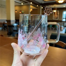 스타-벅스 고양이 발톱 컵 먹녹색 빨대 크리스마스 광환 냉변 컵 창의 만화 유리컵 밴드 드릴 손잡이 커피잔, 부드러운 벚꽃 유리컵, 301-400ml, 1개, 1개입