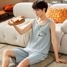 남자나시잠옷여름순면얇은민소매 반바지실내복투피스