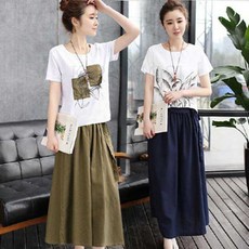 kirahosi 여성 여름 상하세트 티셔츠+치마 린넨 투피스 YZ 568848747082