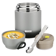 MAXSO Soup Thermo for Hot Cold Food 성인용 아이들 17온스 진공 단열 강철 도시락 용기 Bento Box with 스푼 학교 사무실 여행용 누수 방, Z 라이트 그레이, 1개