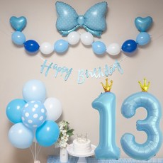 연지마켓 생일풍선 생일파티용품 리본풍선 숫자세트, 블루리본 블루세트 13