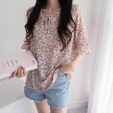 [1+1]초특가 여자 여름 꽃 무늬 반팔 블라우스 셔츠 상의 플라워샤워리본블라우스