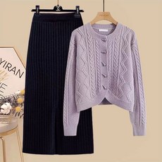 봄 가을 여성 니트 가디건+롱 플레어 스커트 투피스 데일리 언발 꽈배기 카디건 스웨터 상하세트 간절기
