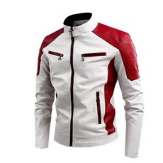 남자용 패치워크 바이크 오토바이 재킷 가죽 컬러 블로킹 스탠드 업 칼라 코트 PU, 03 White