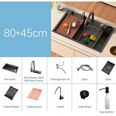 싱크대 스테인레스 스틸 대형 단일 탱크 다기능 폭포 수도꼭지 최저 가격, 3.BLACK  80X45CM