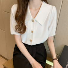 여성 봄 여름 브이넥 반팔 빅카라 루즈핏 셔츠 쉬폰 블라우스