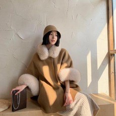 케이프 코트 트렌치 가을 겨울 폭스 퍼 호주 프리미엄 양면 캐시미어 울 여