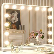 FENCHILIN 할리우드 LED 화장경 대형 조명 거울 조절식 LED 전구 14개 포함 대형 화장대 겸용 거울 데스크탑 또는 벽면 겸용 흰색 58cm x 46cm